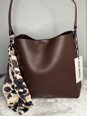 Steve Madden Brown Brizzo Chocolate Brown Bucket Bag cow print scarf western new